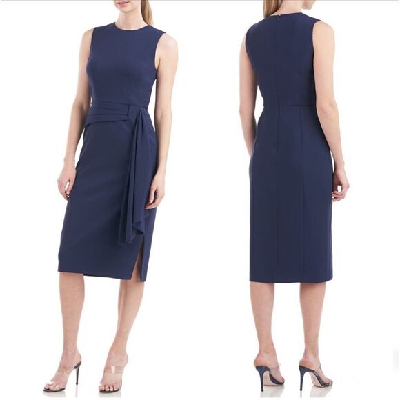 Kay Unger Raven Draped Sheath Midi Dress - Picture 1 of 16